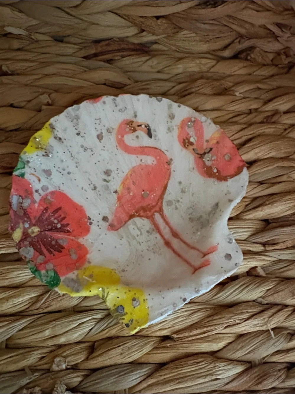 Pink Flamingo Shell Trinket Dish Decorative Accent